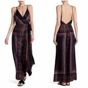 Free People Wide Leg Cabbage Rose Black Printed Satin Jumpsuit Size 4 Backless